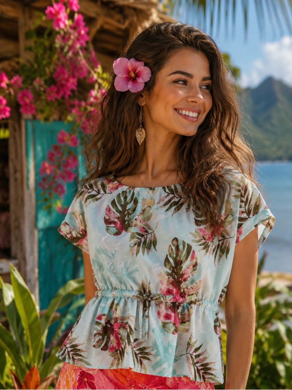 Hope & Harlow Women’s Aqua Tropical Print Pullover Top Drawstring Waist -Size PL